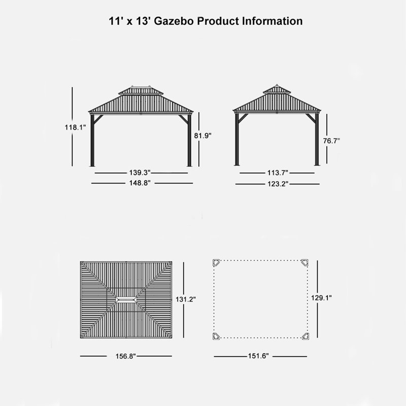 Pavillon de jardin avec toit en acier galvanisé pour toit-terrasse permanent, 11 pi. L 13 pi. D