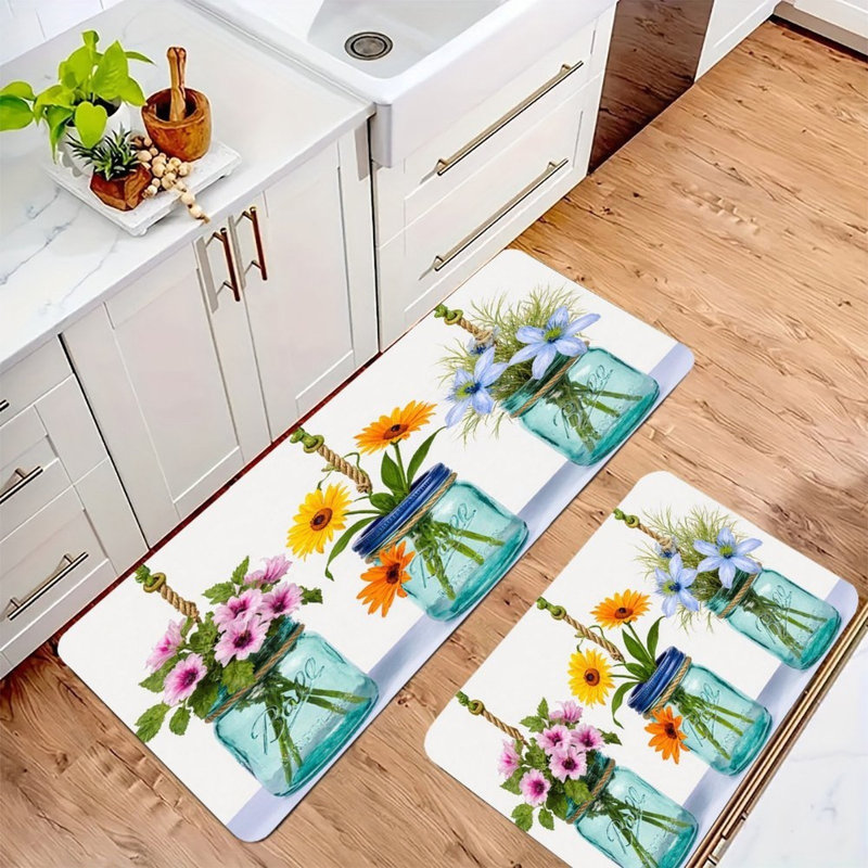 Ensemble de 2 tapis de cuisine bleu sarcelle à motif floral