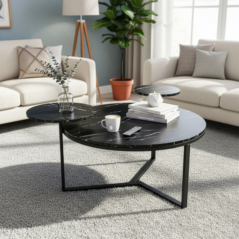 Table basse moderne en faux marbre avec deux tablettes et base d'inspiration trépied