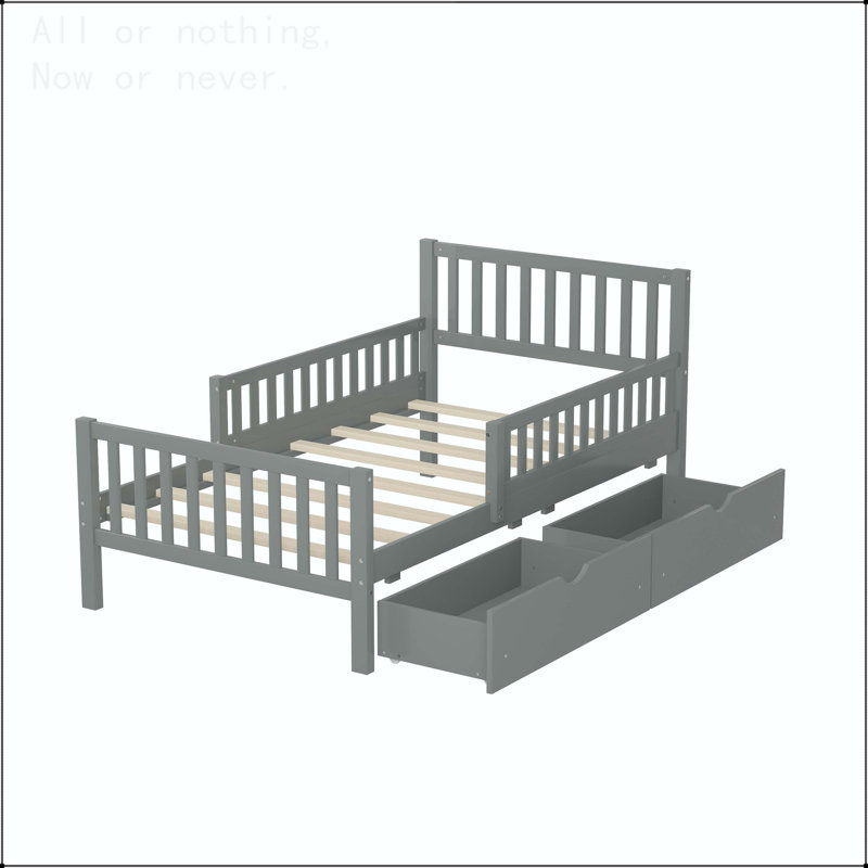Full Size Wood Platform Bed with Storage Drawers and Safety Guardrails, Twin, Gray