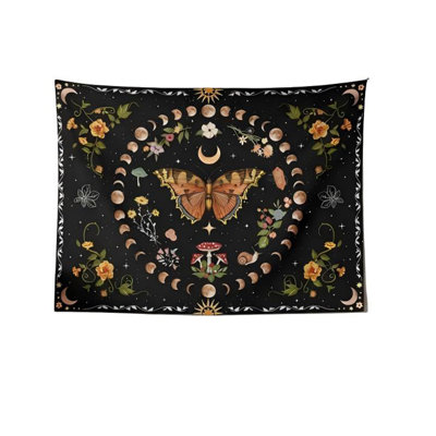 Tapisserie de fleur de lune orange papillon, décoration murale botanique florale bohème, décor de polyester esthétique rétro pour chambre à coucher, salon, dortoir (36 po x 48 po)