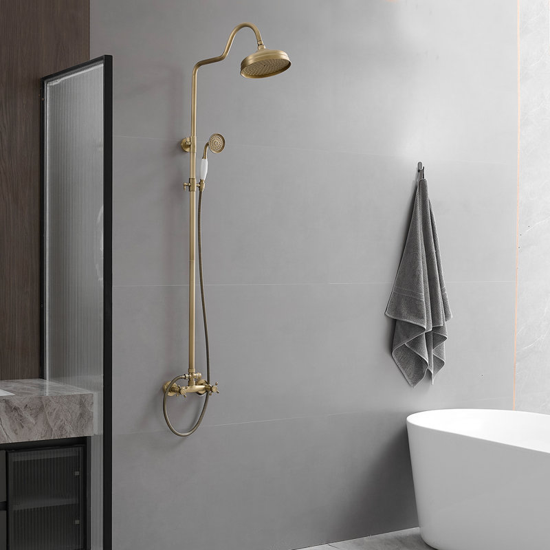 2-Spray Round Wall Bar Shower Kit With Hand Shower Dual Cross Handles Mixer Shower System Taps, Antique Brass