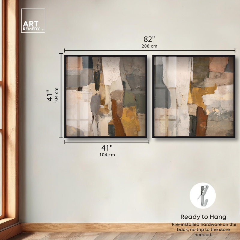Patchwork Plains Shadowbox Print Beige Wall Decor par Art Remedy, cadre noir, 40 x 40, 41" H x 41" W, Black Frame
