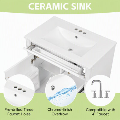 Meuble-lavabo autoportant de 30 pouces avec lavabo en céramique, 3 tiroirs et armoire