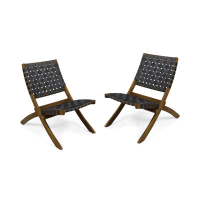 Foldable Chair Pair, Wood Construction, Water- Straps, Woven Accents, Black + Brown, No Assembly 2 Chairs , Patio Seating, Appearance, Stable And