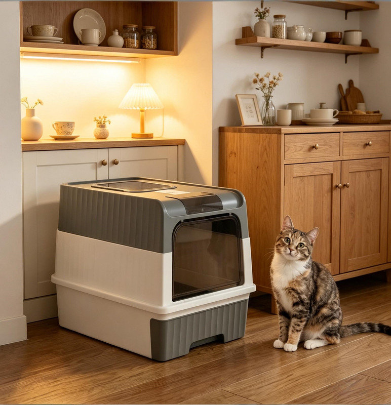 Litière compacte pour chat, litière entièrement fermée, litière pour animal de compagnie, Gris / Blanc