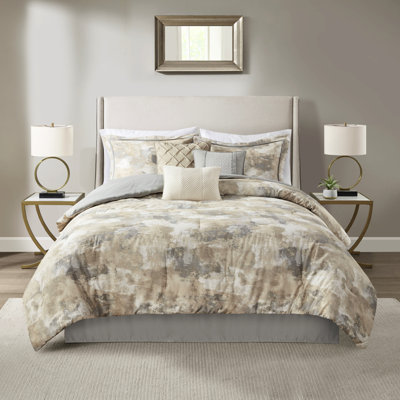 Édredon glamour 7 pièces pour grand lit - mélange de coton texturé imprimé abstrait multicolore 2 taies décoratives, 1 jupe en tissu