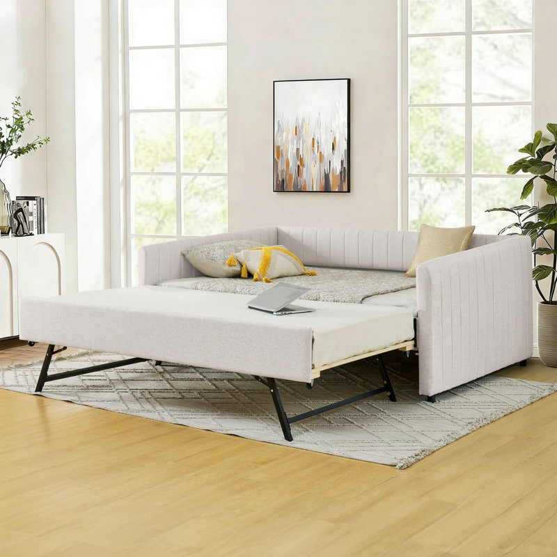Full Daybed with Extendable Trundle, Modern Full Size Day Bed with Pull Out Trundle Bed, Upholstered Sofa Bed, Linen Furniture for Bedroom Living Room Guest Room, No Box Spring Needed
