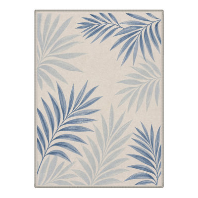 Machine Washable Floral Ivory / Blue Area Rug With Non-Slip Backing