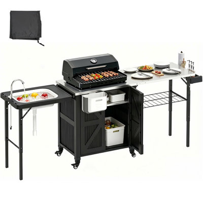 Chariot de barbecue extérieur avec rangement, chariot de bar extérieur 3 en 1 avec roue et lavabo pliable, station de préparation de barbecue portable, bureau en acier inoxydable, noir