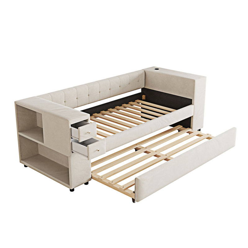 Lit simple tapissier avec rangement et ports de chargement USB pour lit gigogne simple, Beige