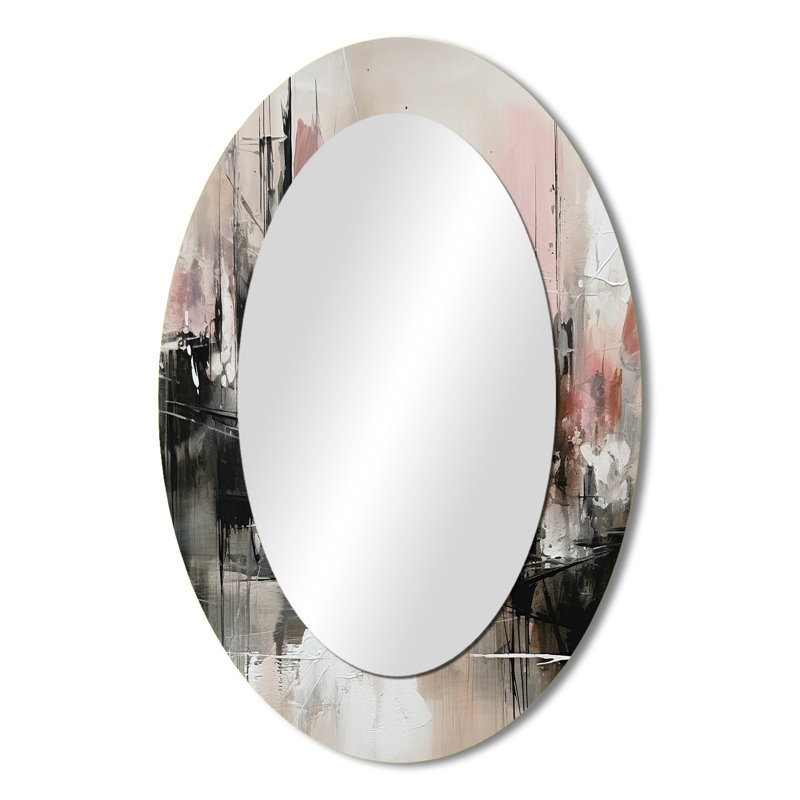 Pink Black Minimalims Fludity I - Abstract Oval Decorative Mirror On Metal, 36" x 24"
