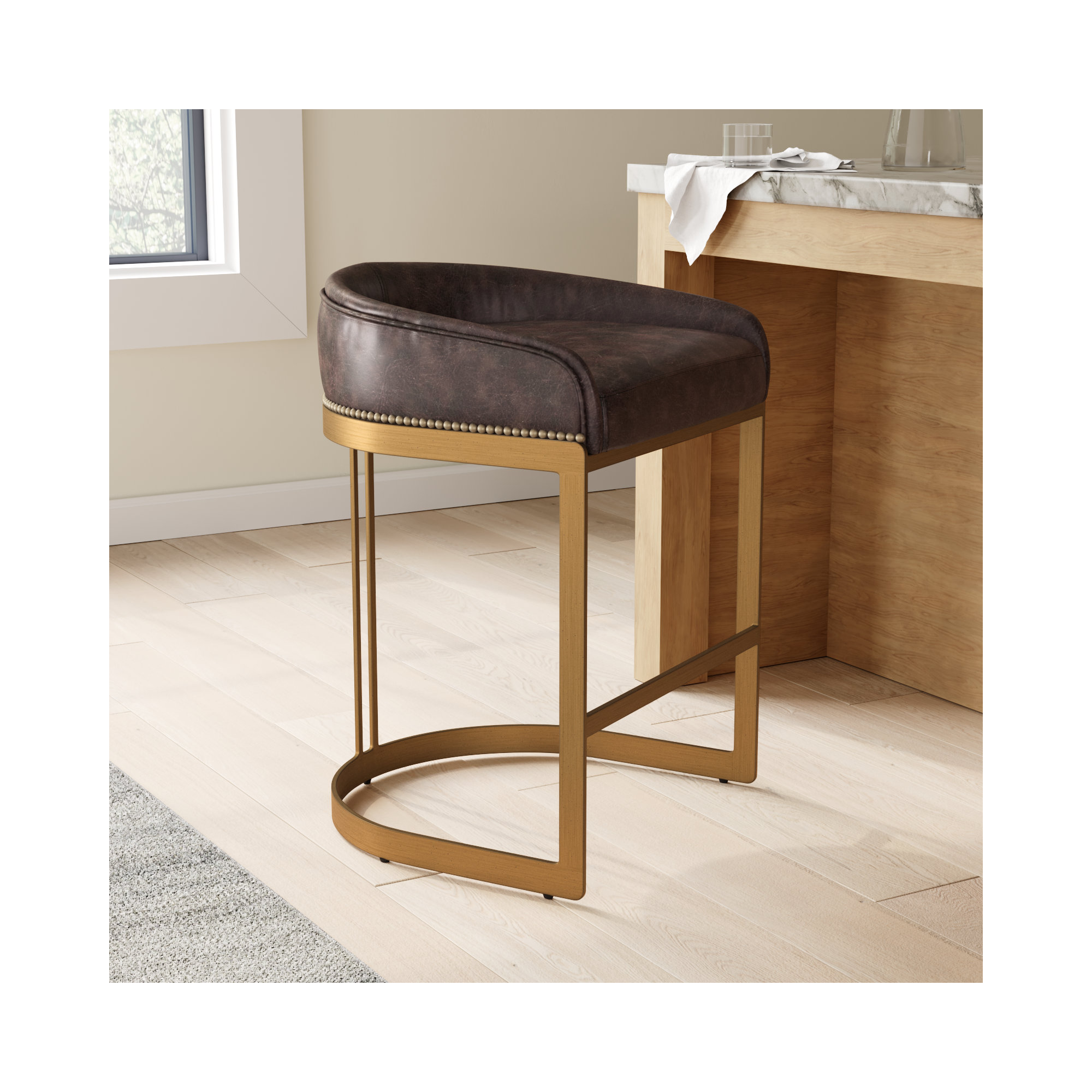 Bradley Genuine Leather Bar & Counter Stool, Black, Counter Stool (24.75" Seat Height)