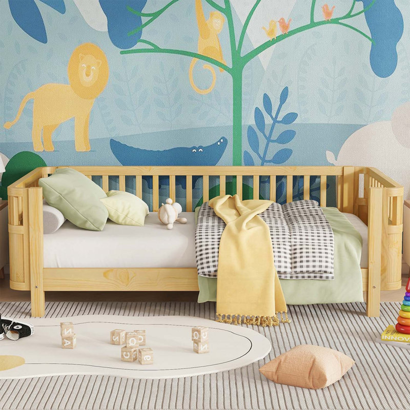 Lit plateforme en bois pour enfants avec rails de sécurité, Natural, Twin