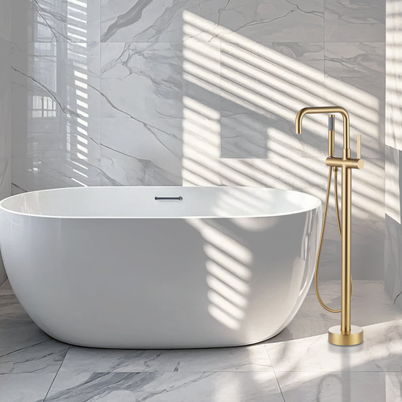 Single-Handle Freestanding Tub Faucet Floor Mount Bathtub Filler with Hand Shower, Gold
