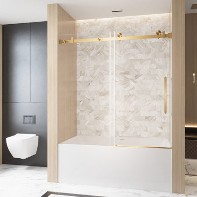 Single Sliding Shower Door With 1/4" 6 Mm  Clear Tempered Glass, Proof Film, Stainless Steel Square Tube Track, Brushed Gold Finish, Bottom Water Barrier, Smooth Sliding, - Shatter Barrier 56 60"W X