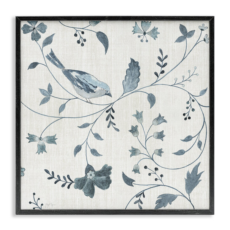 Motif de fleurs avec giclée perchée, conception par Janet Tava, Giclée encadrée noir minuit, H 12 po x l 12 po