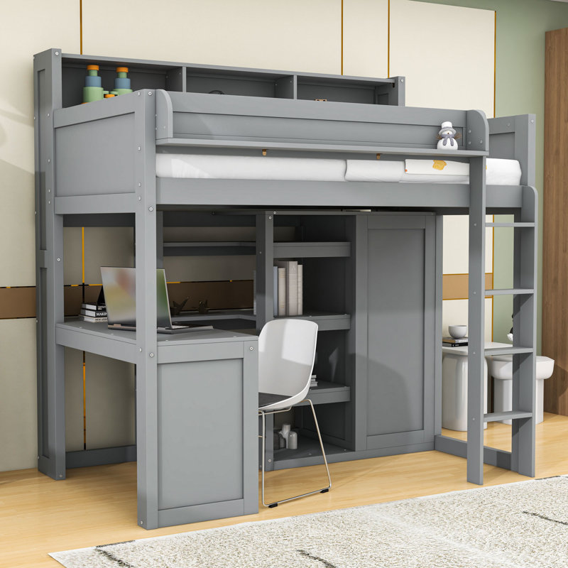 Lit mezzanine simple avec bureau intégré, garde-robe et tablettes de rangement, Gris