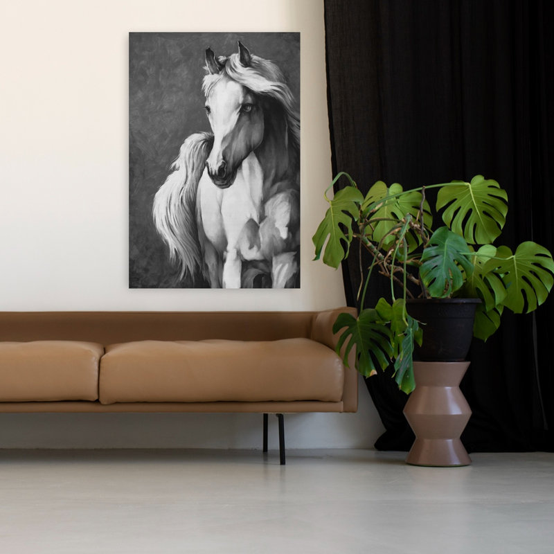 Art blanc contemporain, cheval blanc, H 48 po x l 32 po