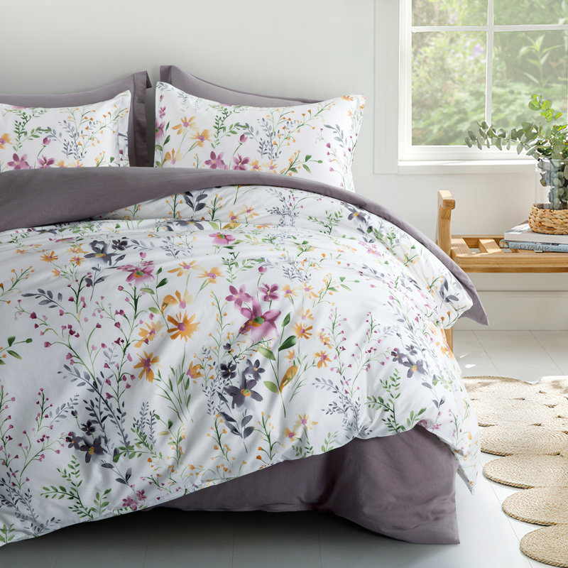 Yellow/Lilac/Green Floral Fabric Duvet Cover Set, Oversized King Duvet Cover + 2 Shams