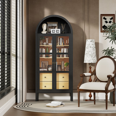 Auto Sensor Light Arched Cabinet In Black Oak - Glass Display & Adjustable Shelves For Kitchen & Living Room, Modern Farmhouse Style by Ophelia & Co.