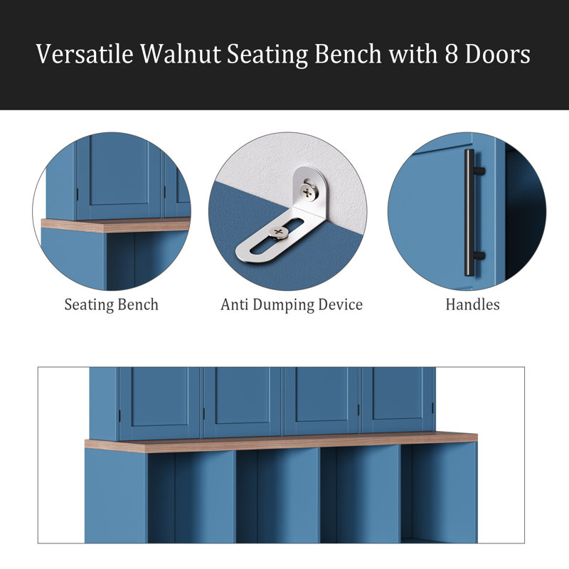 Farmhouse Hall Tree With 4 Hidden Hanging Hooks, Versatile Walnut Seating Bench With 8 Doors, Entryway Shoe Cabinet With Open Compartments For Living Room