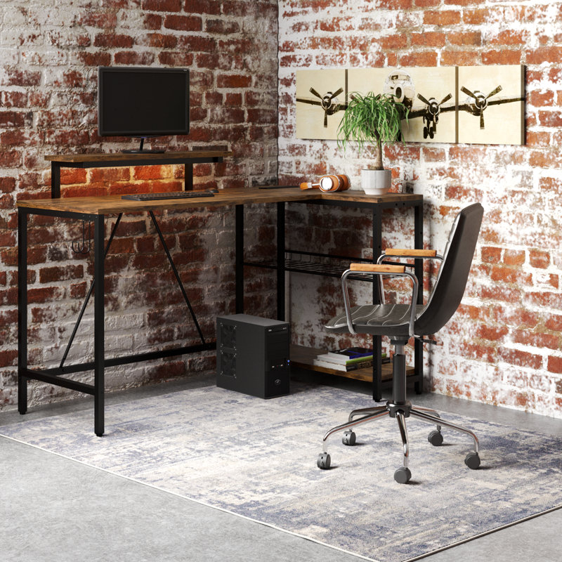 Aurora LED Gaming Desk with Power Outlet, L-Shaped Work Desk with Monitor Stand, Brown