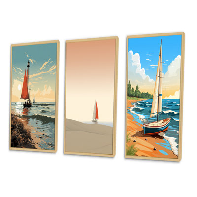 " Red Sailboat At The Shore Vintage Illustration " 3 - Pieces
