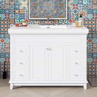 Meuble-lavabo de 46 po sans lavabo, meuble-lavabo moderne en bois massif avec 2 portes à fermeture douce et 6 tiroirs, rangement spacieux