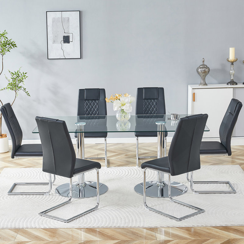 Ensemble de table et de chaises 7 pièces, table en verre trempé avec chaises pour la salle à manger, Argent