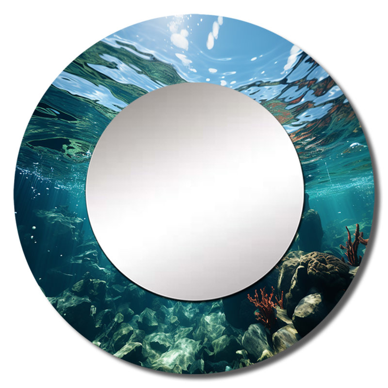 Sabeh sarcelle océan majestueux sous l'eau - miroir unique océan, grand miroir mural rond bleu sarcelle, impression d'art en métal