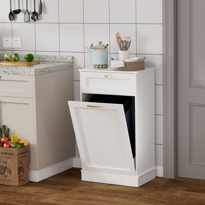 Armoire poubelle multifonctionnelle avec tiroir et rangement, Blanc / Doré
