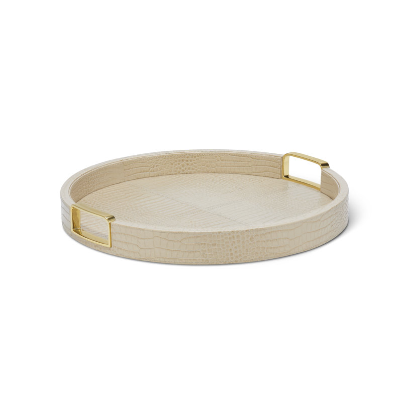 Fawn Croc Embossed Leather Round Tray with Brass Handles