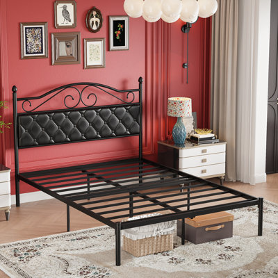 Vintage Metal Platform Bed With Premium Leather Headboard
