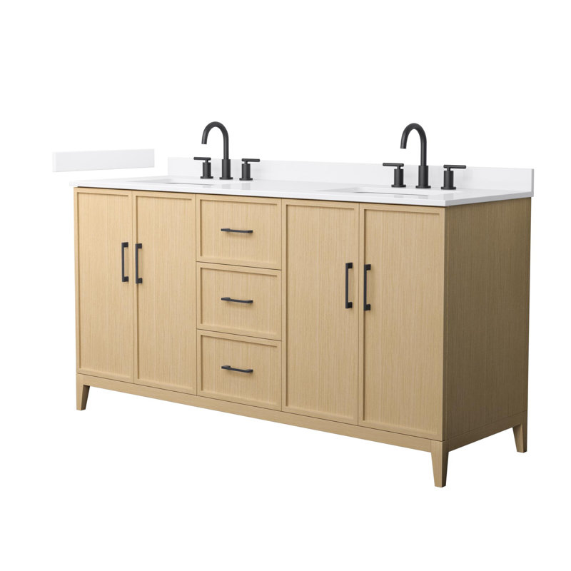 Elan 66'' Double Bathroom Vanity with Quartz Top, Tan, 8" Center, Matte Black