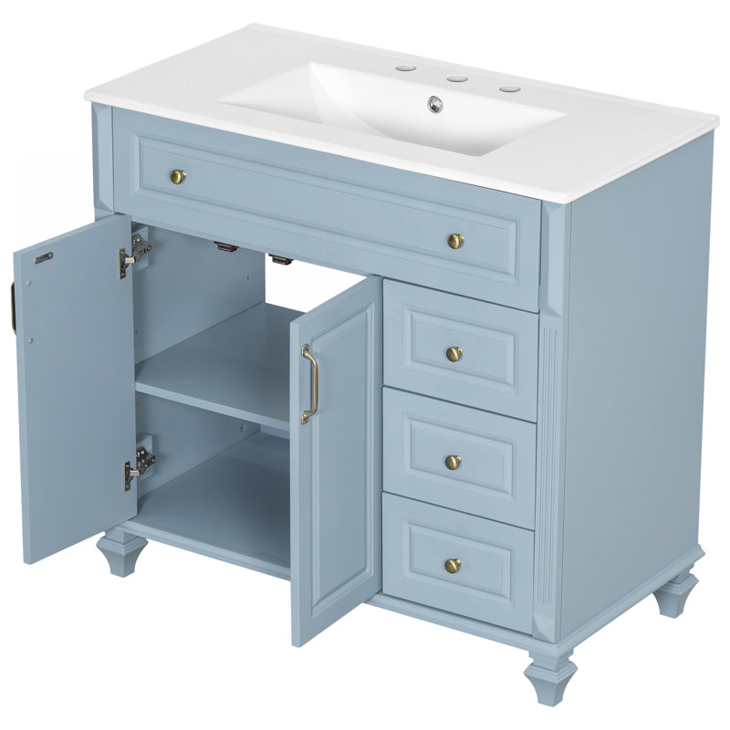 Meuble-lavabo bleu gris 36 po avec lavabo, armoire en bois massif et panneau de fibres à densité moyenne, tiroir rabattable et poignées dorées pour un rangement élégant