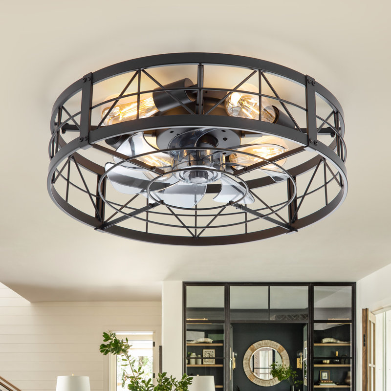 Lavelton 20'' 7-Blade Indoor Enclosed Caged Flush Mount Ceiling Fan with the Remote Control, Matte Black, Gray