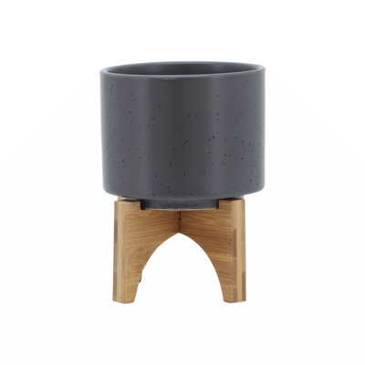 Pot à fleurs en céramique avec support en bambou - Pot moderne avec base surélevée pour l'intérieur