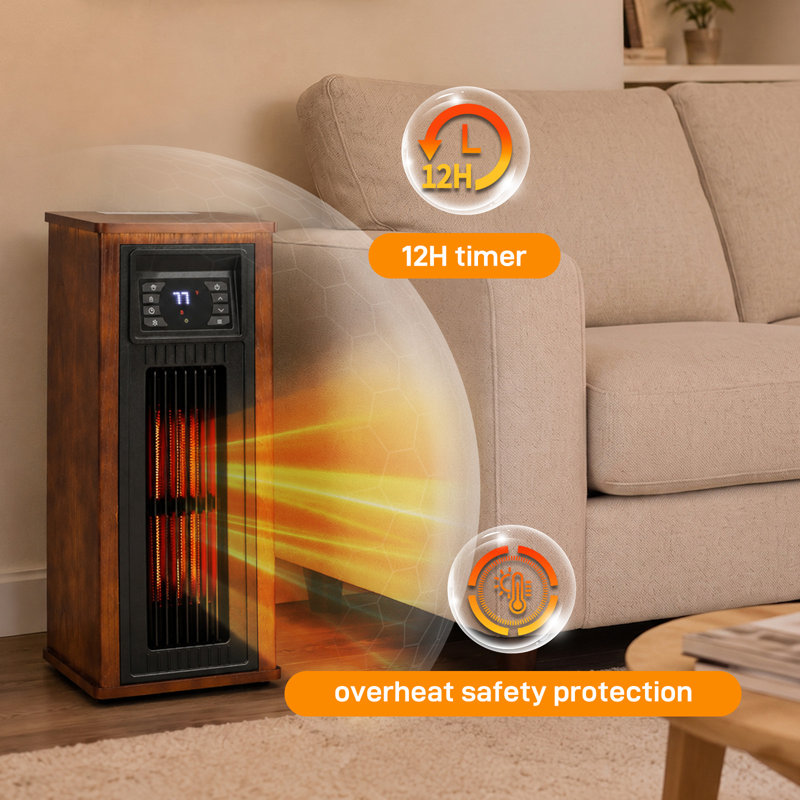 Chauffage électrique d'appoint en bois de 1500 W avec insert en quartz, télécommande, 3 niveaux de chauffage, thermostat et minuterie réglables, style rustique