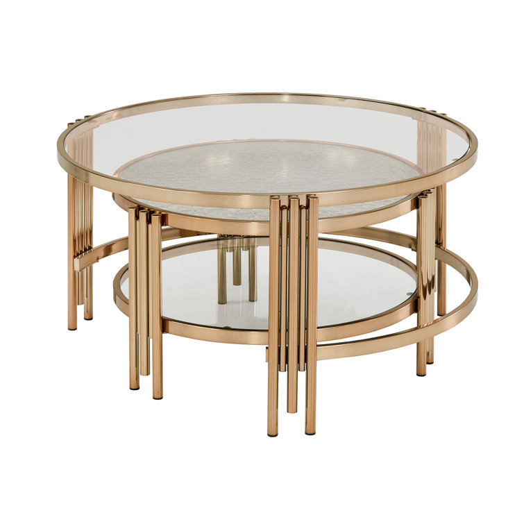 Modern Round Gold & Black Nesting Coffee Table with Shelf Tempered Glass  Top 2 Piece Set