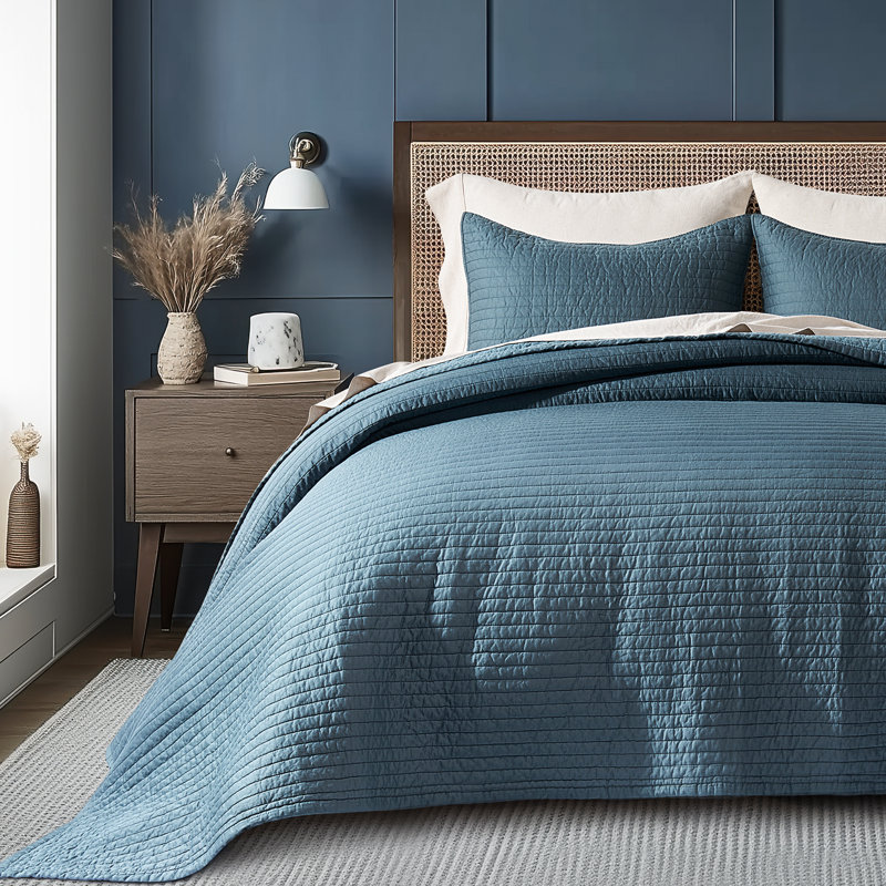 Cotton Sateen Channel Stitch Quilt Set, Sonoma Blue, King Quilt + 2 King Shams
