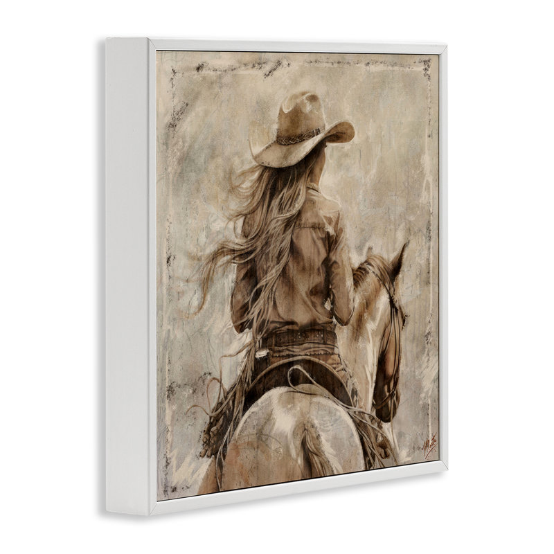 «Windblown Cowgirl on Horse», giclée à cheval, design par Marta Wiley, H 24 po x l 24 po, Encadrement giclée blanc côtier