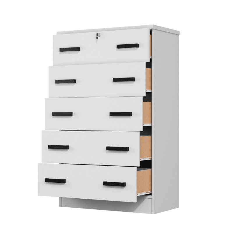 Commode 5 tiroirs en bois avec serrure Basurto, Blanc
