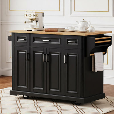54" Large Kitchen Island With Rubber Wood Drop Leaf, Embossed Texture Rolling Kitchen Cart On 4 Wheels With 4 Doors And 3 Drawers, Kitchen Island With Storage For Kitchen, Dining Room,black