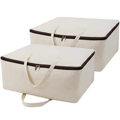 Sacs de rangement en toile respirante en coton doux avec 3 poignées à fermeture à glissière sur les côtés, literie, chandails, organisateur de vêtements dans l'armoire, beige, 2 pièces