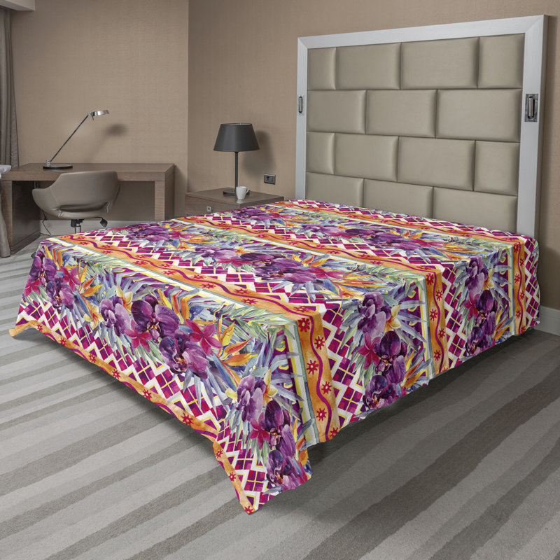 Drap plat Ambesonne, Drap plat de taille double, Magenta, vert, rose / floral