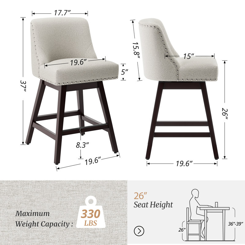 Caralyn Swivel Upholstered Counter Stool, Light Grey