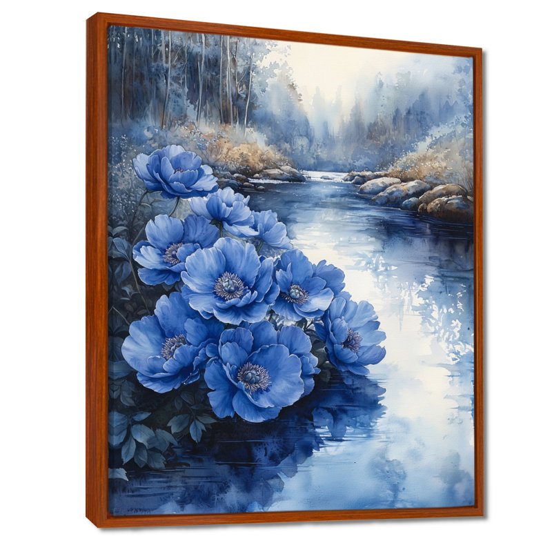 Bleuet sur fond bleu - Pivoines, H 44 po x l 34 po, Reproduction avec cadre flottant, Brun