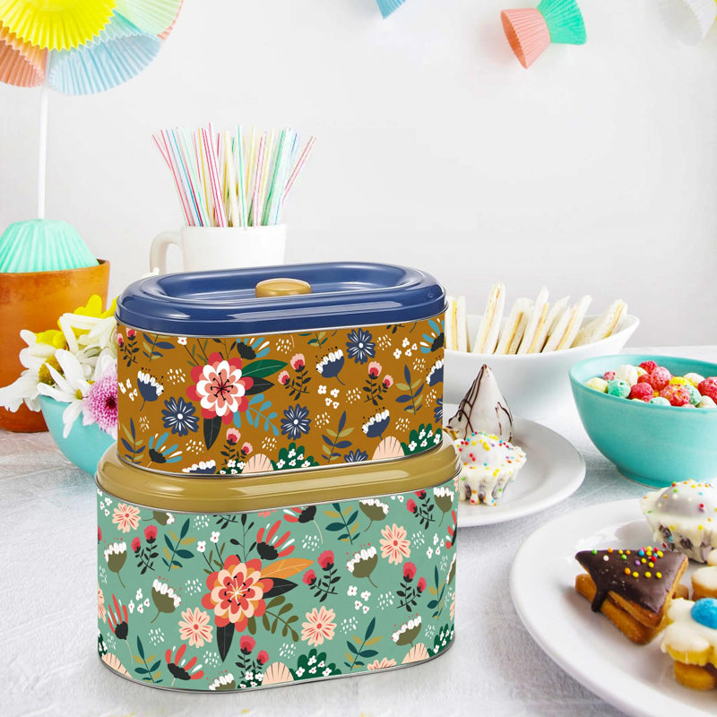 2 Pack Tin Cookie Snack Jars With Lid, Metal Biscuit Storage Container Decorative Snack Tin Canister Cute Countertop Tinplate Box For Cookie, Biscuit, Candy, Snack,Chocolate, 2 Sizes