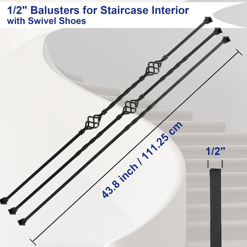 9 pièces Balustres d'escalier carrées 1/2 "en métal avec chaussures pivotantes